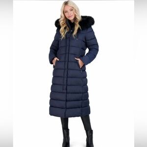 Tahari Navy Long Puffer Coat